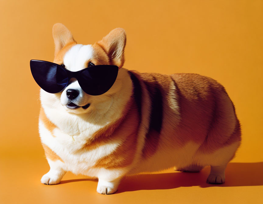 Chubby Corgi in Black Sunglasses on Orange Background