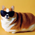 Chubby Corgi in Black Sunglasses on Orange Background