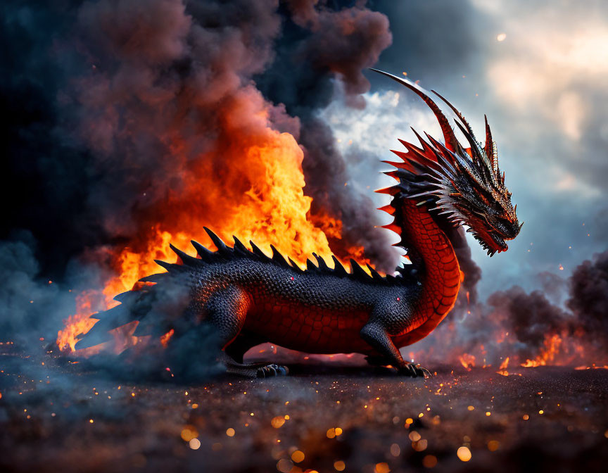 Fiery red and black dragon in flames and smoke