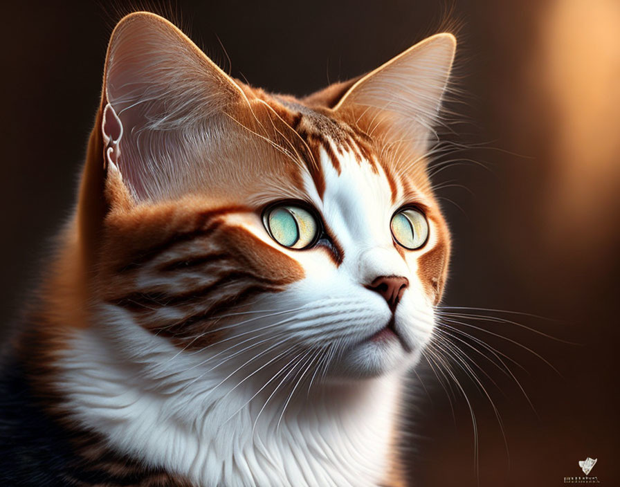 Orange and white cat with green eyes in close-up shot against blurred background