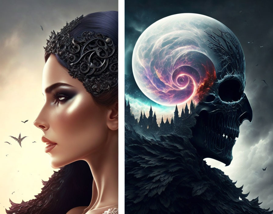 Split surreal image: woman's profile & cosmic skull with galaxy, exploring life and death themes