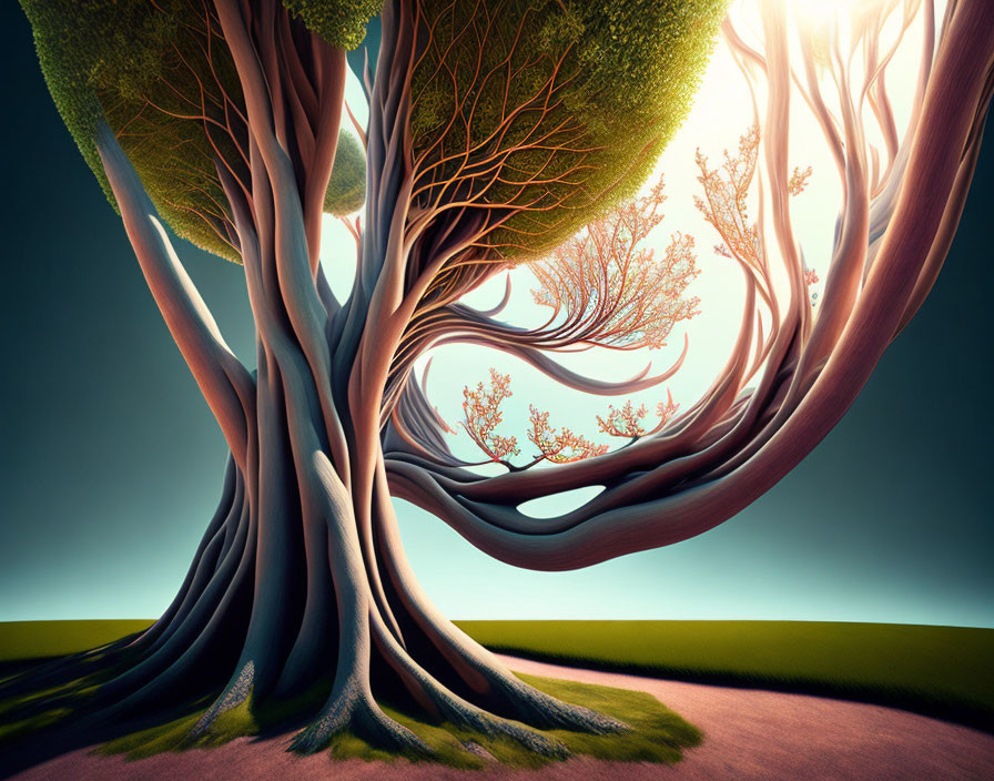Intertwined trees create circular frame in surreal landscape