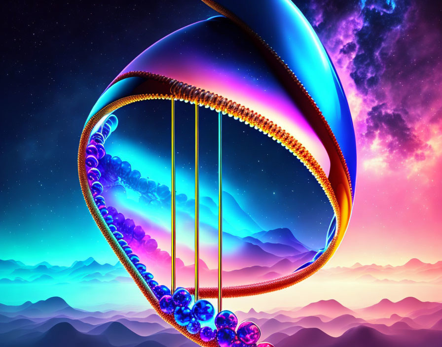 Vibrant surreal landscape with floating ring and cascading spheres