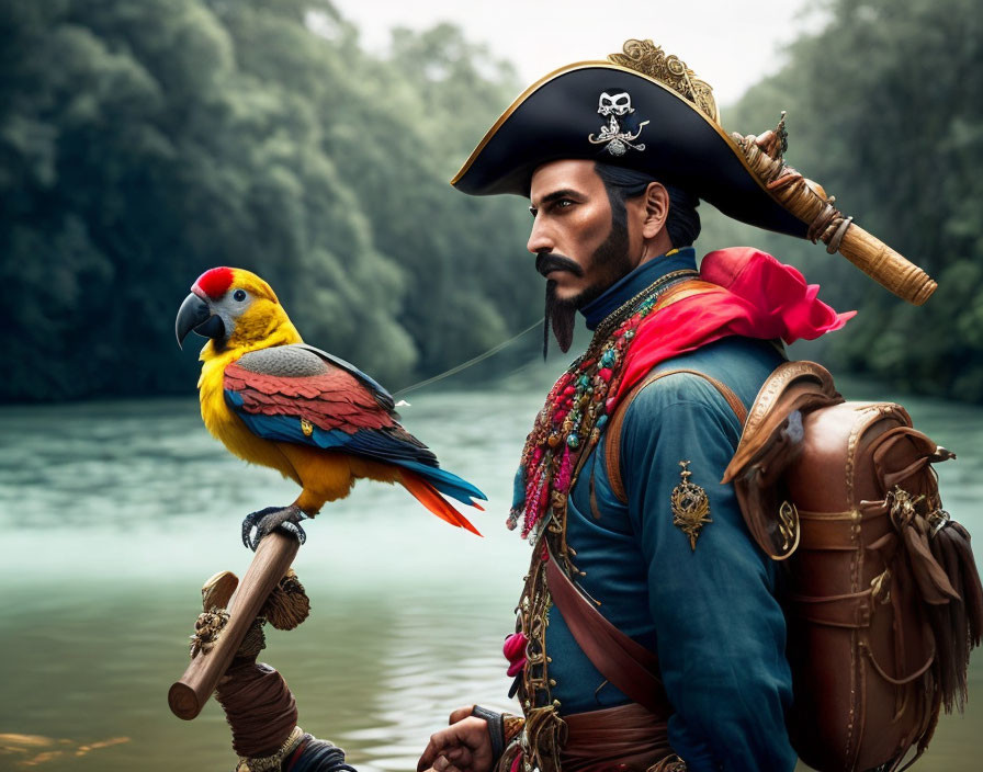 Pirate with Tricorn Hat and Parrot by Misty River