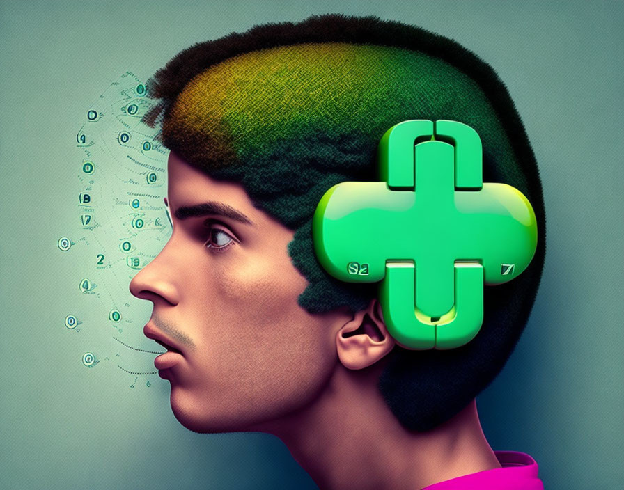 Person with Green Puzzle Piece Brain and Flowing Shapes Symbolizing Thought