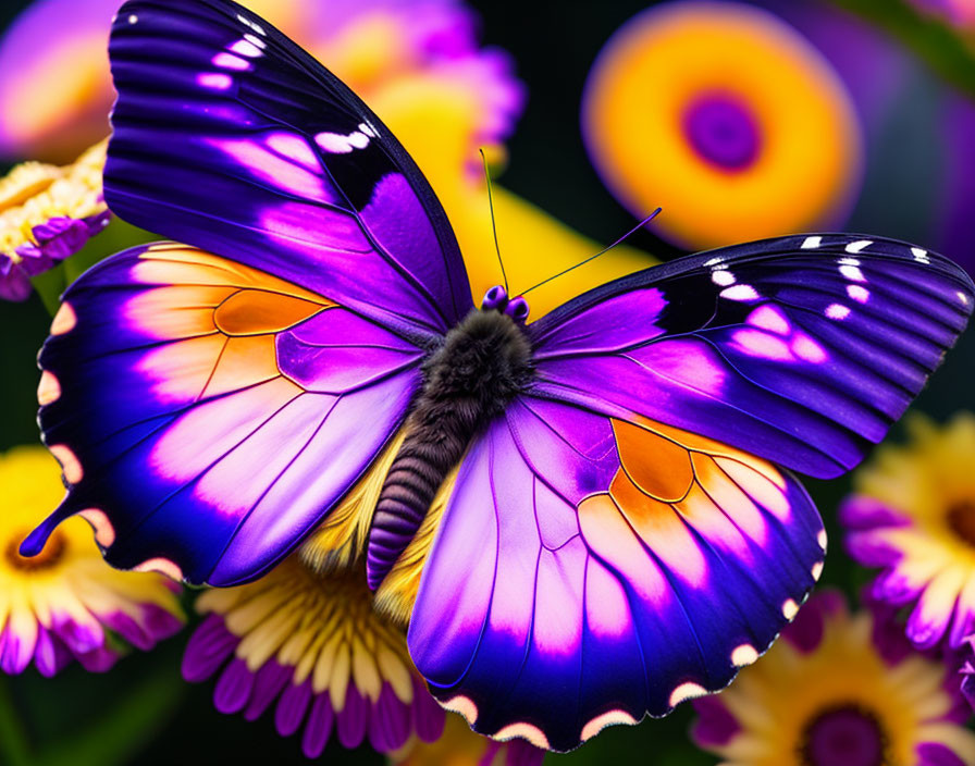 Colorful Butterfly on Yellow Flowers Against Dark Background