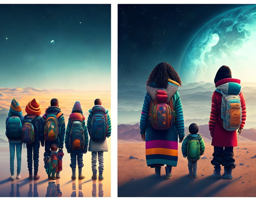 Children gazing at surreal landscape with large planets in sky