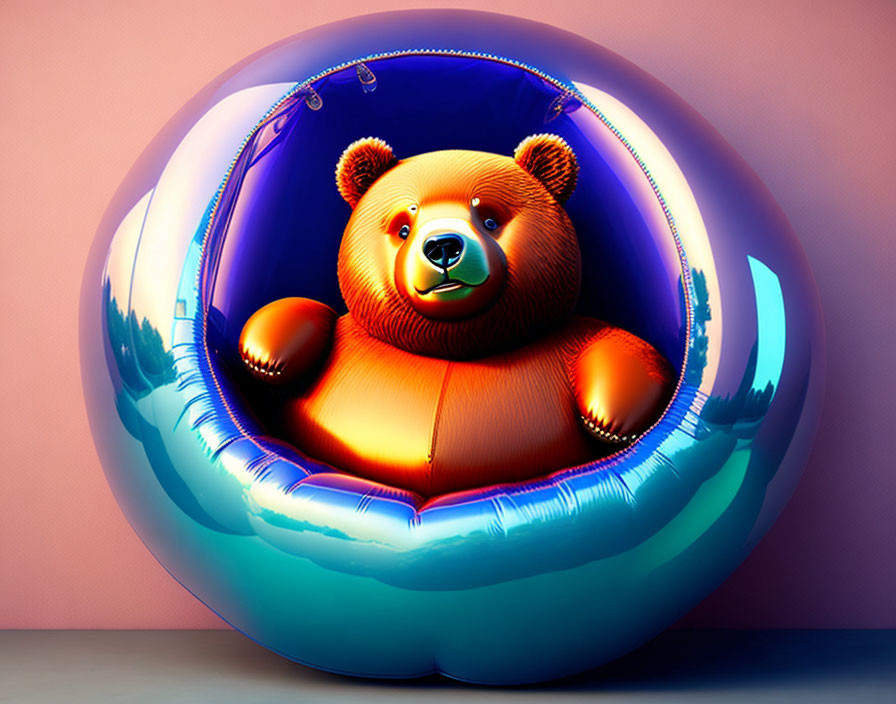 Reflective Smiling Teddy Bear Illustration on Inflatable Sphere