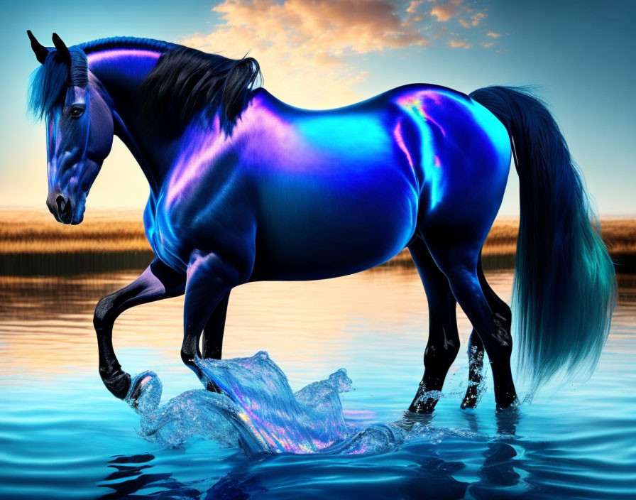 Blue-coated horse walking in water at sunset
