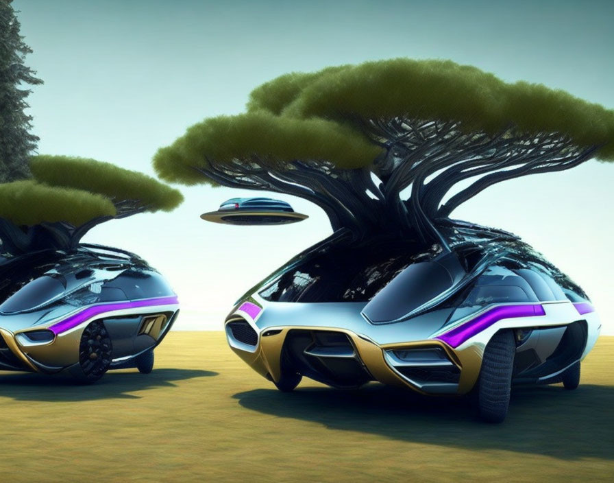 Futuristic cars with tree-like structures under soft-lit sky