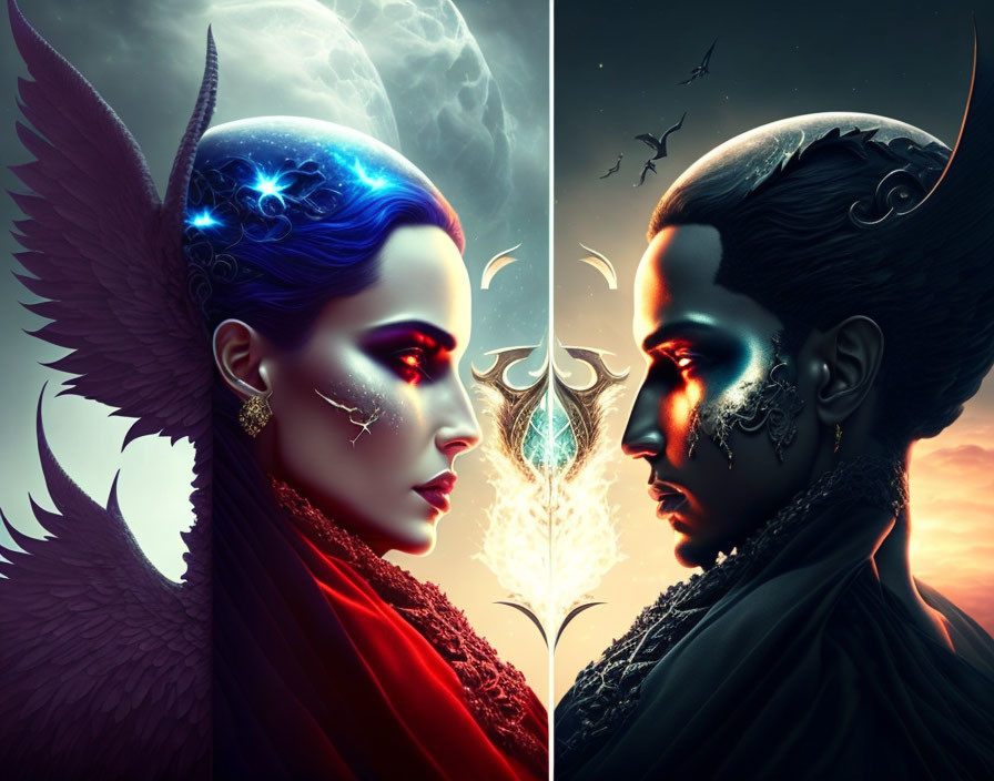 Fantastical characters in digital artwork with light and dark themes