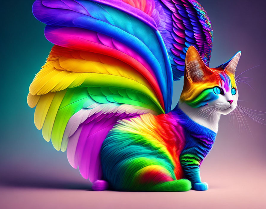 Colorful Digital Art: Rainbow Cat with Feathered Wings