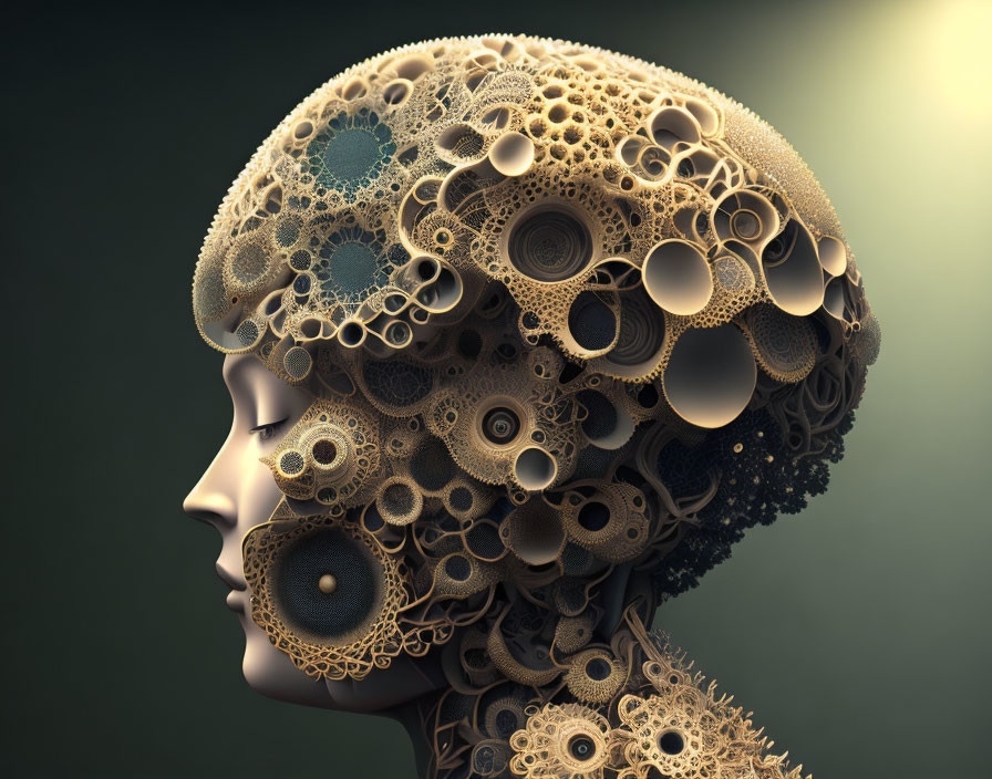 Profile View Digital Artwork: Human Head with Golden Gears & Cogs