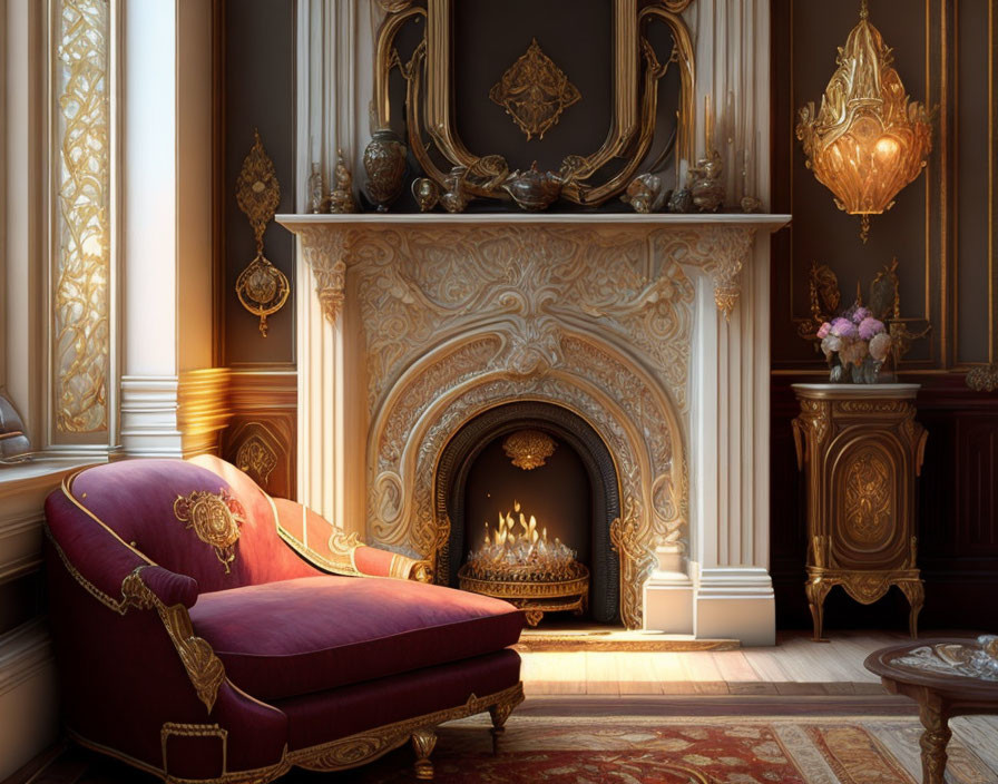 Luxurious Classic Room with Fireplace, Mirror, Gold Accents & Chaise Lounge