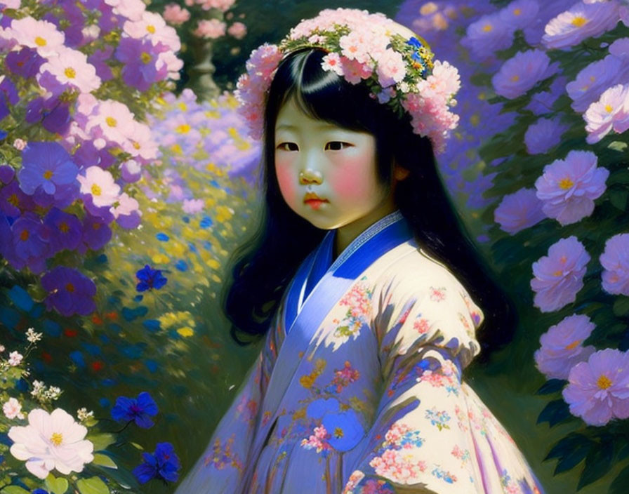 Young girl in traditional attire with floral crown among vibrant purple flowers