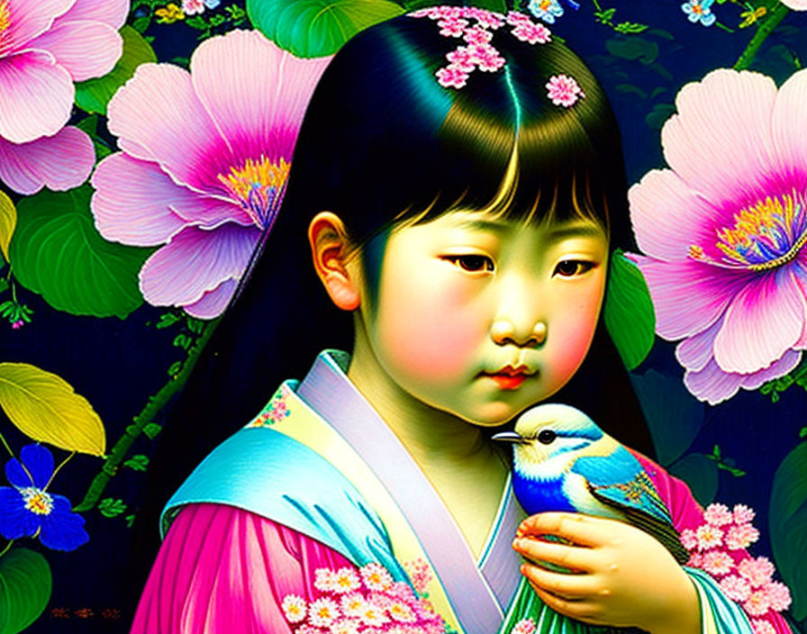 Colorful Illustration: Girl in Traditional Attire with Bird and Flowers