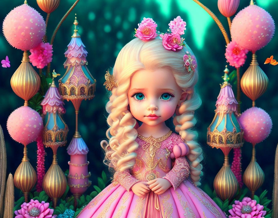Blond Curly-Haired Doll in Pink Dress with Lanterns & Butterflies