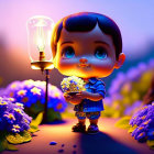 Stylized animated character with large eyes holding bouquet in magical nighttime setting