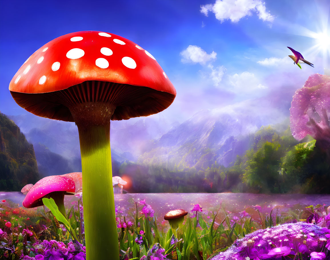 Colorful Fantasy Landscape with Red Mushroom, Flowers, and Hummingbird