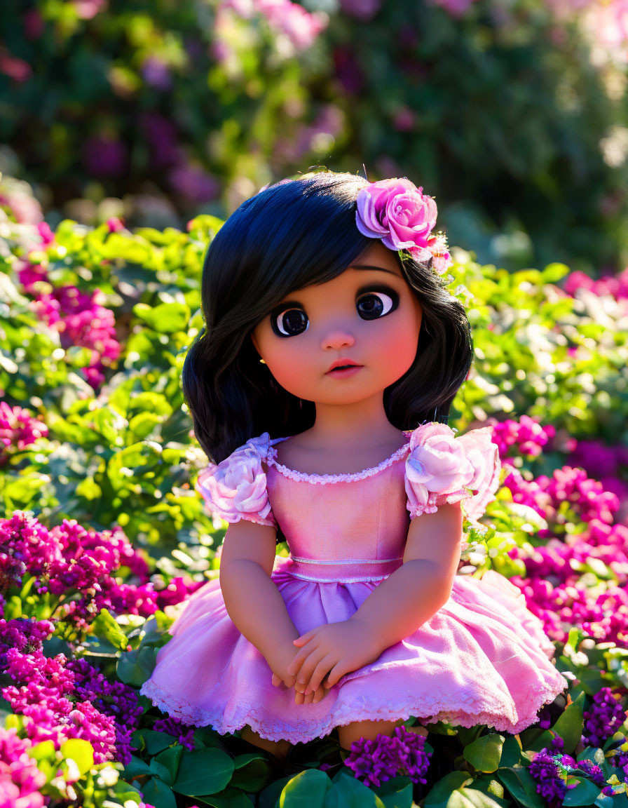 Doll with large eyes and black hair in pink dress among pink flowers
