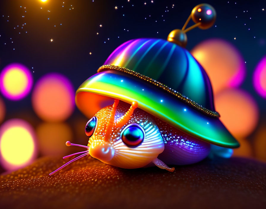 Colorful Cartoonish Snail Illustration with Vibrant Shell and Sparkly Eyes
