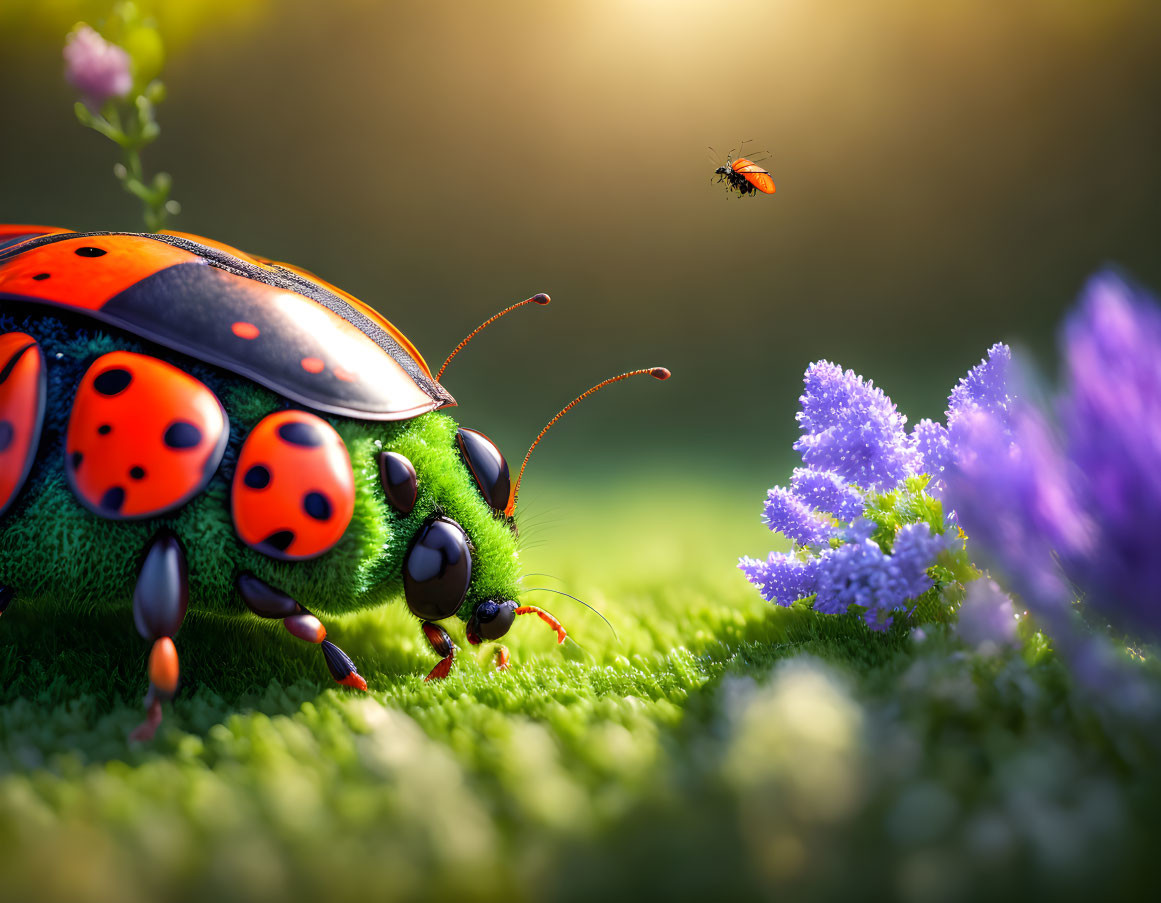 Close-up of ladybug on green foliage with flying insect and soft sunlight.