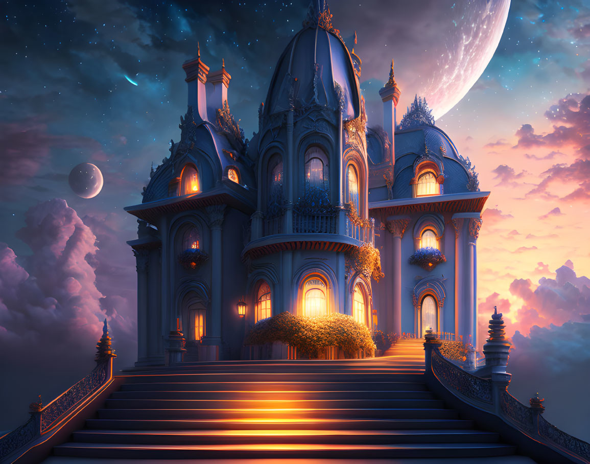 Fantasy palace with glowing lights, grand stairway, moon, and stars