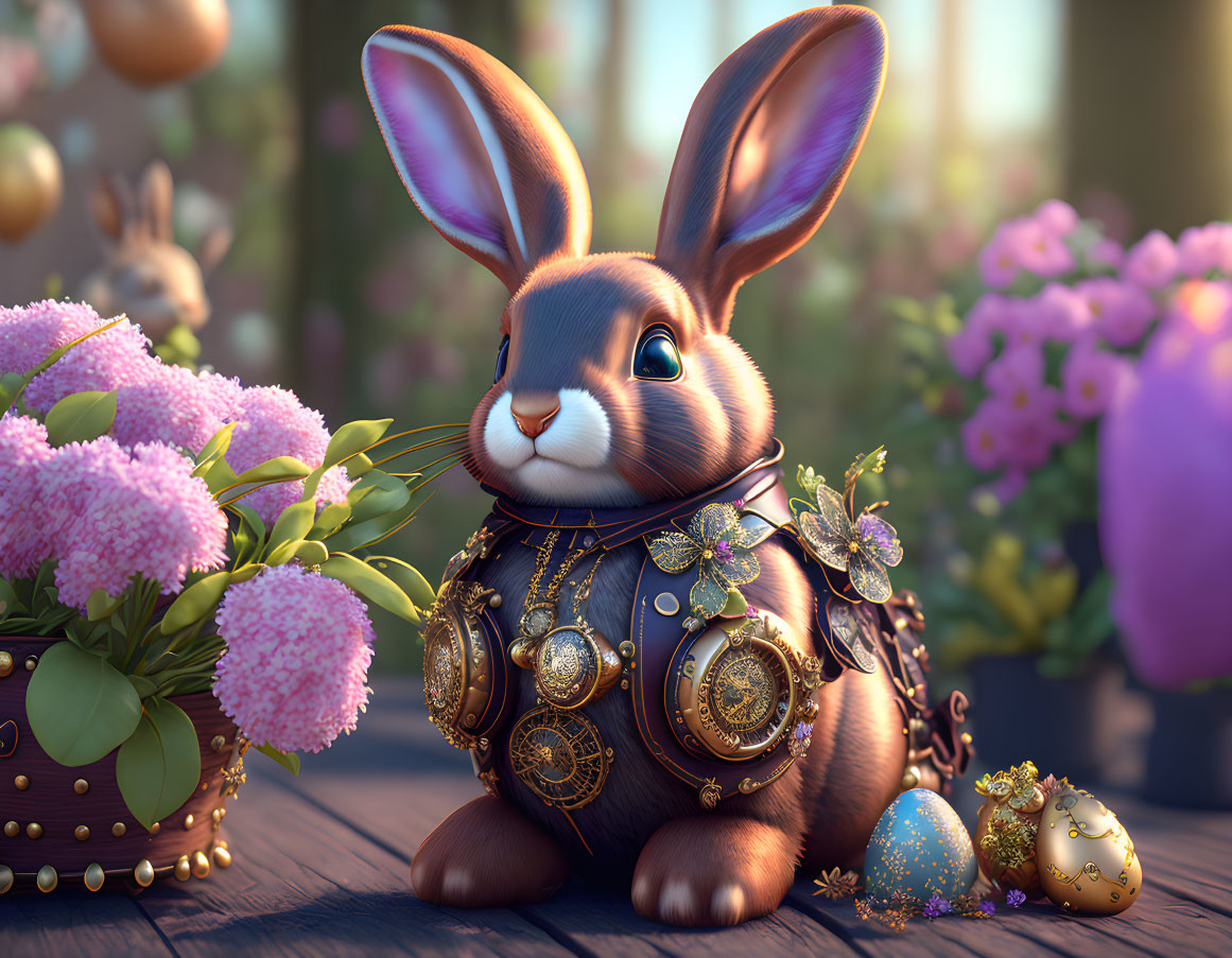 Whimsical digital artwork of chocolate-brown bunny with gold coins and Easter eggs