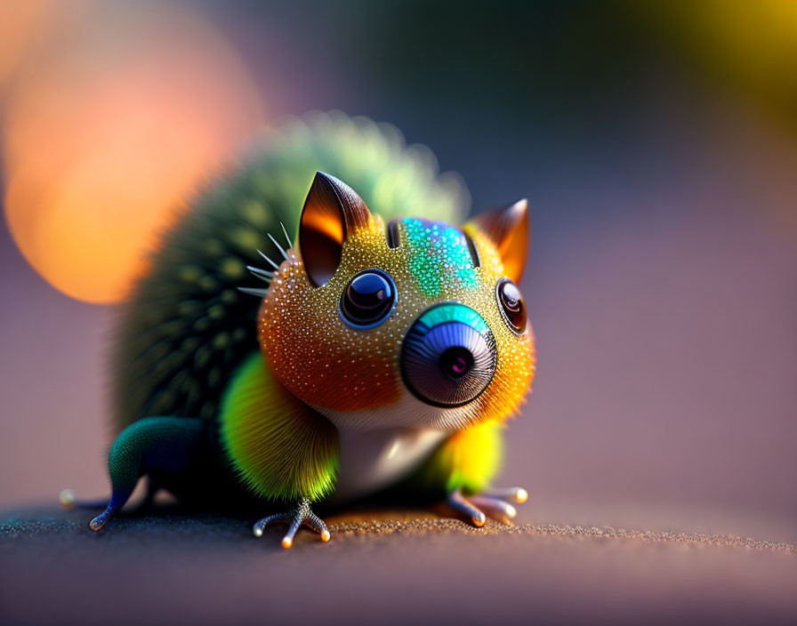 Vibrant whimsical creature with hedgehog-like spines and expressive eyes