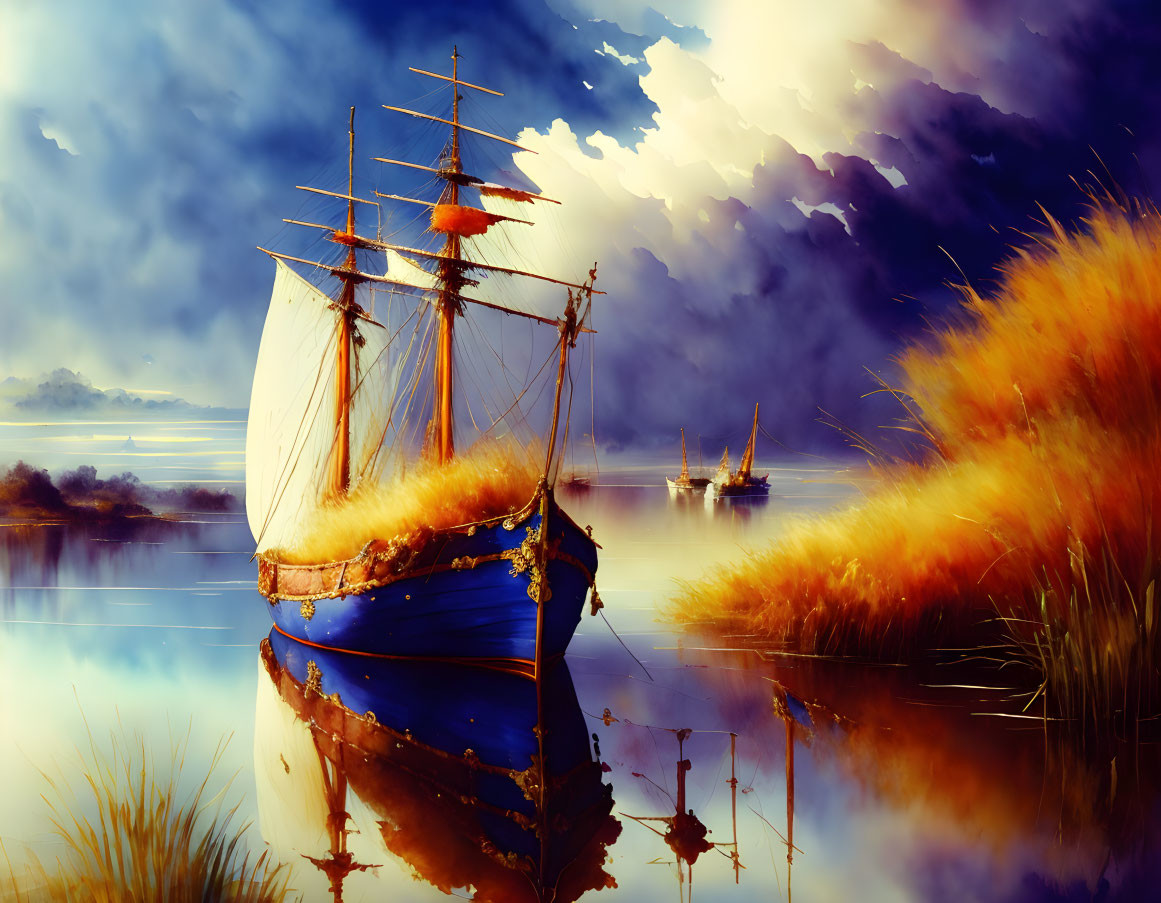 Serene water scene with large ship, tall grasses, calm waters, and cloud-filled skies