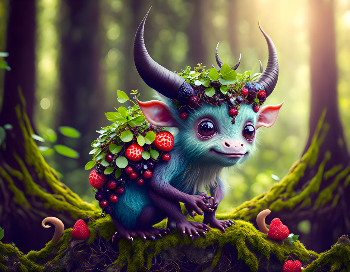 Fantastical creature with big eyes and horns in enchanted forest landscape