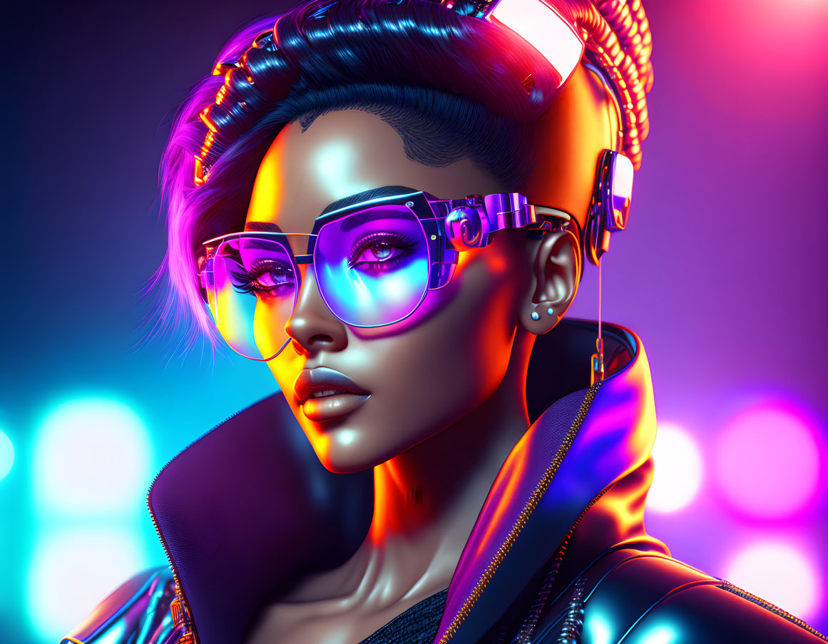 Futuristic digital artwork: woman with stylish glasses and headphones