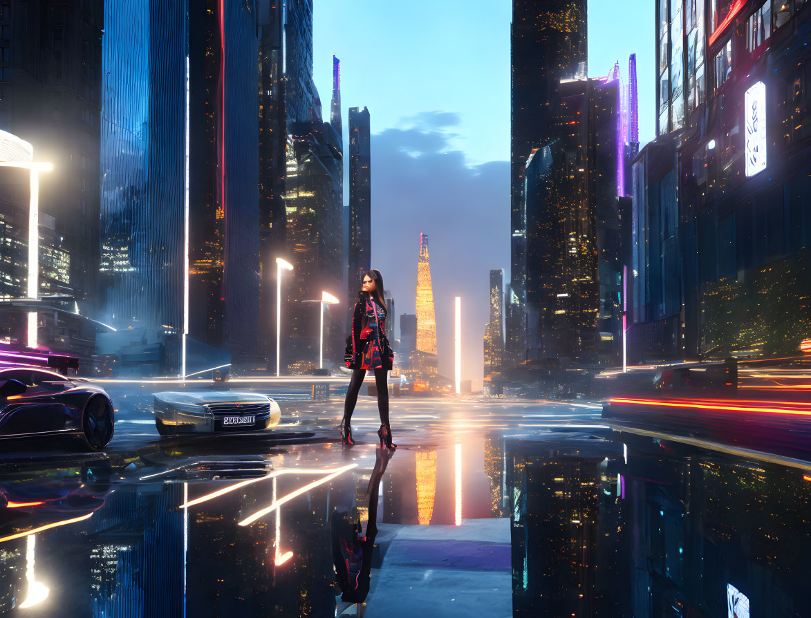 Futuristic cityscape at night with neon lights and sleek cars