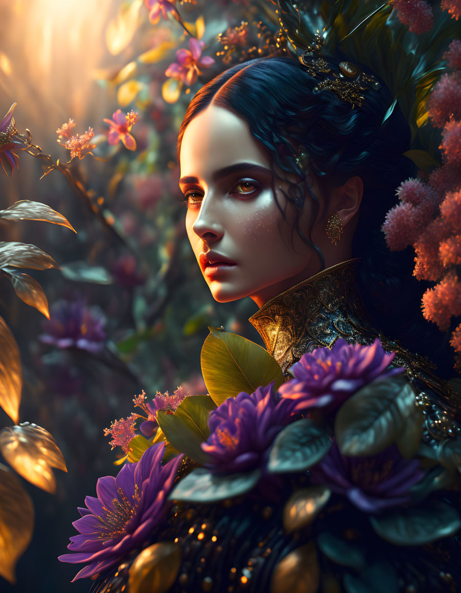 Digital Artwork: Dark-Haired Woman Amid Vibrant Flowers in Golden-Lit Scene