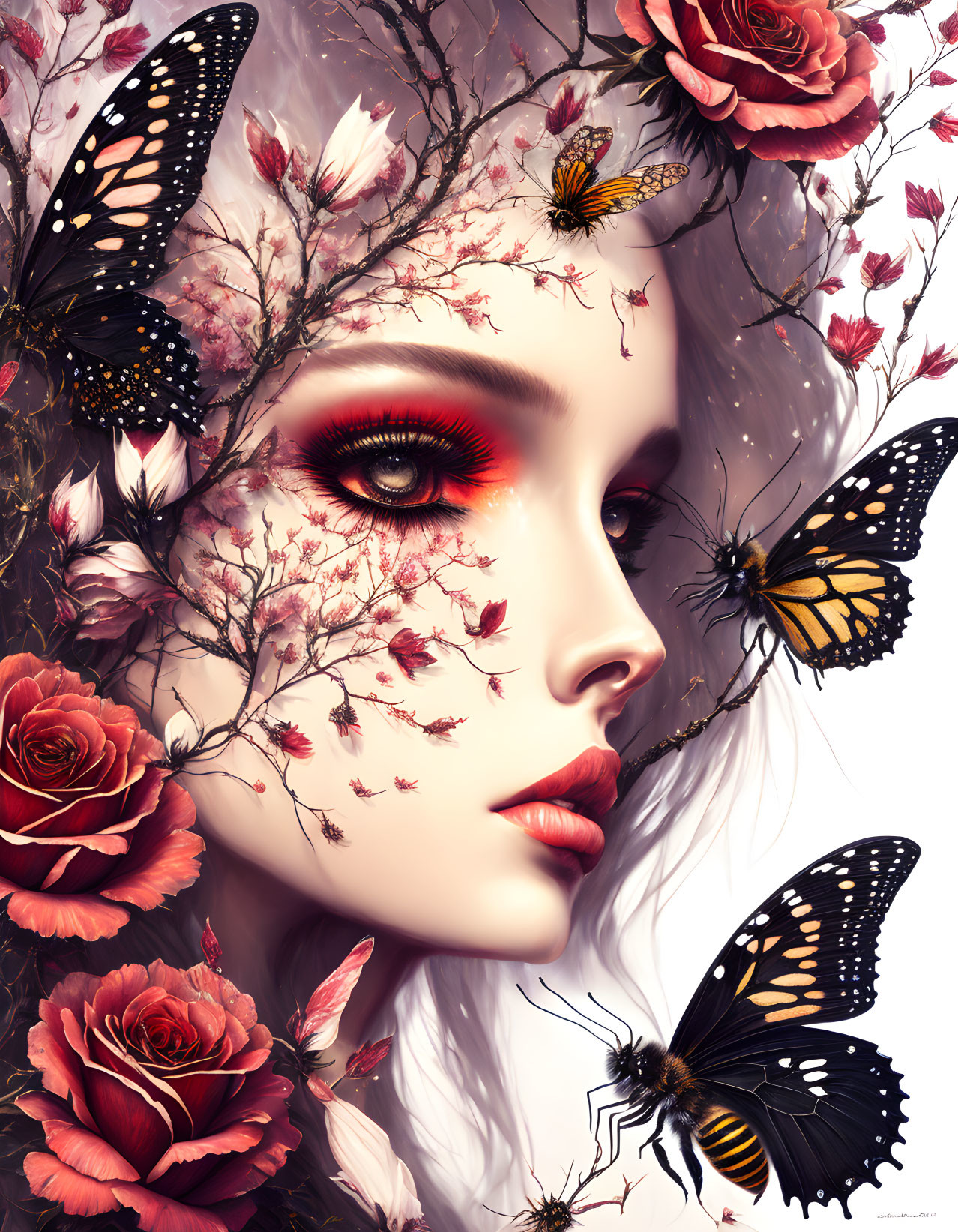 Vibrant digital artwork: Woman's face with roses and butterflies