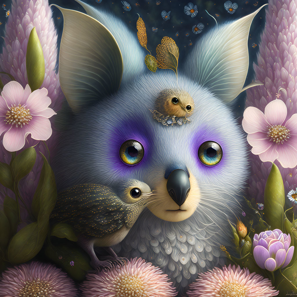 Whimsical creature with violet eyes, baby bird, flowers, and butterflies