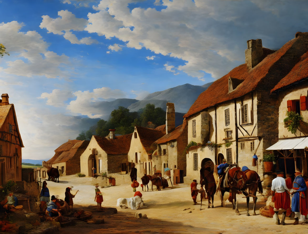 Charming village scene with people, horses, and quaint houses under blue skies
