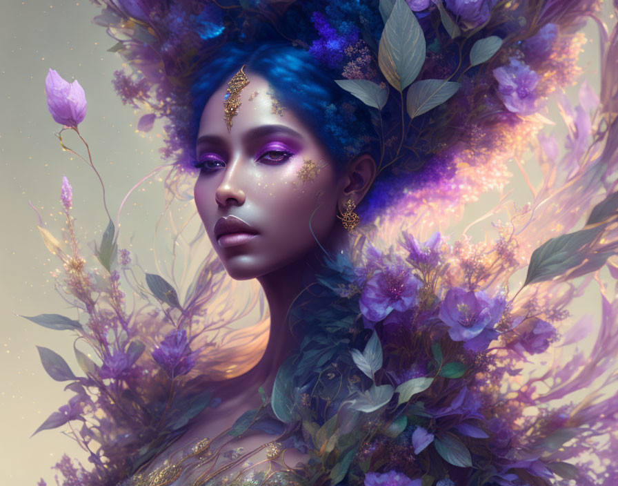 Blue-skinned woman in surreal portrait with purple flowers and soft light