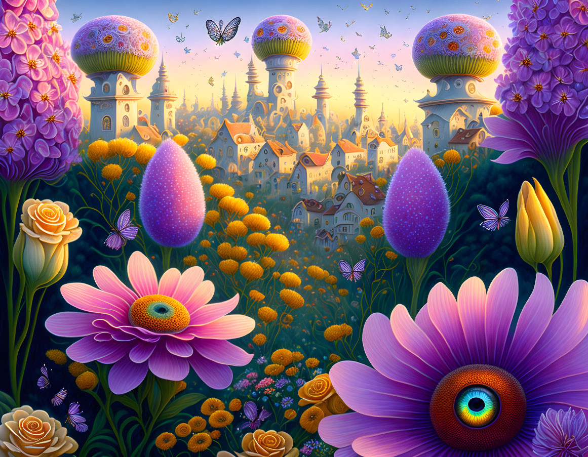 Vibrant fantasy landscape with mushroom houses and butterfly-filled scenery