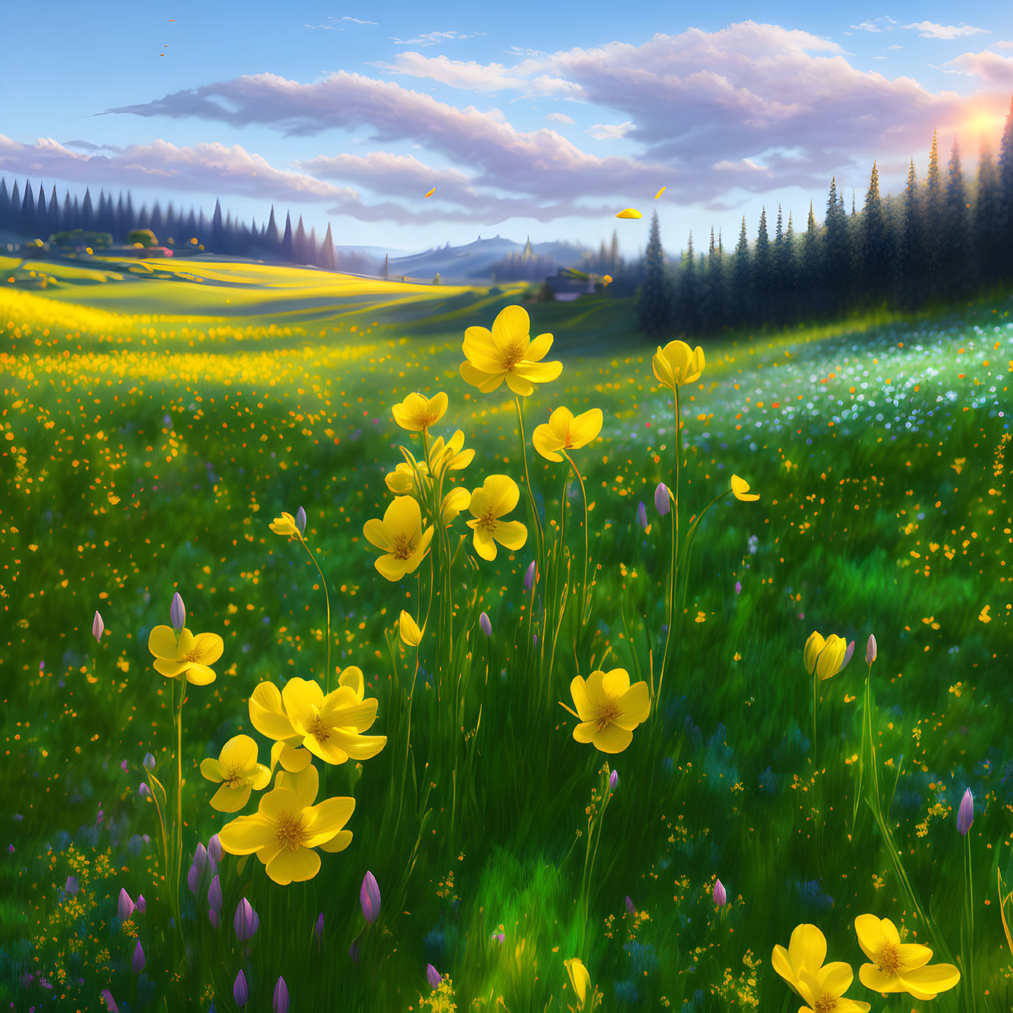Scenic landscape of yellow flowers, green trees, and distant mountains under a bright, cloudy sky