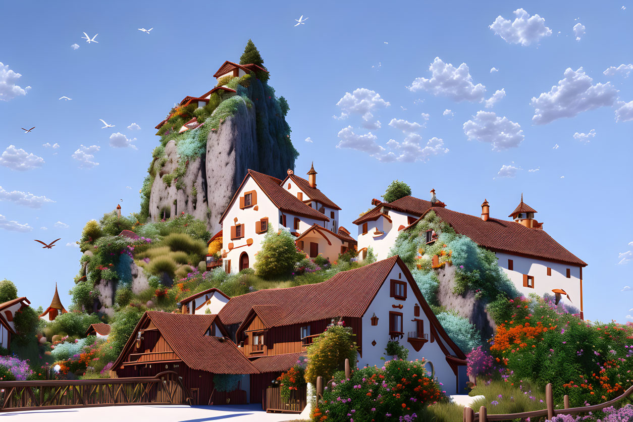 Scenic village with quaint houses at base of lush hill