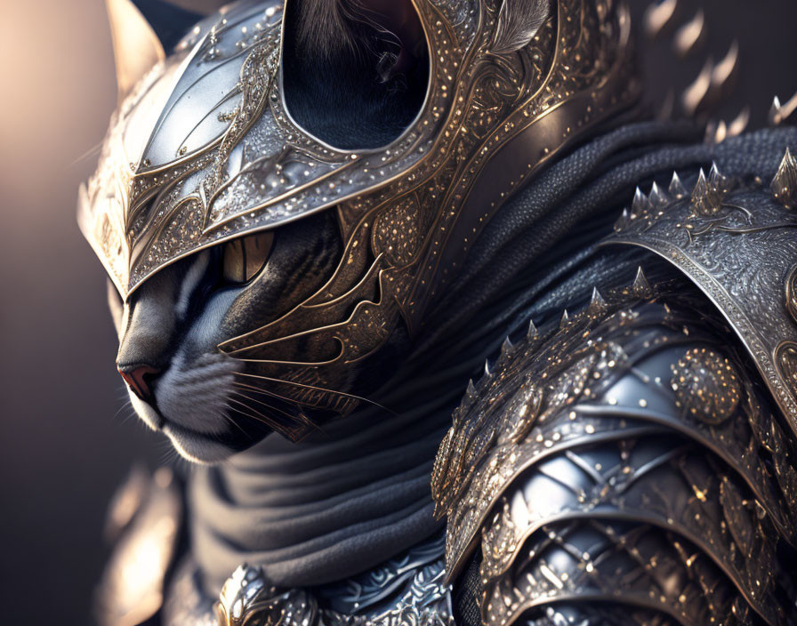 Digital artwork of a cat in medieval knight's armor with intricate engravings