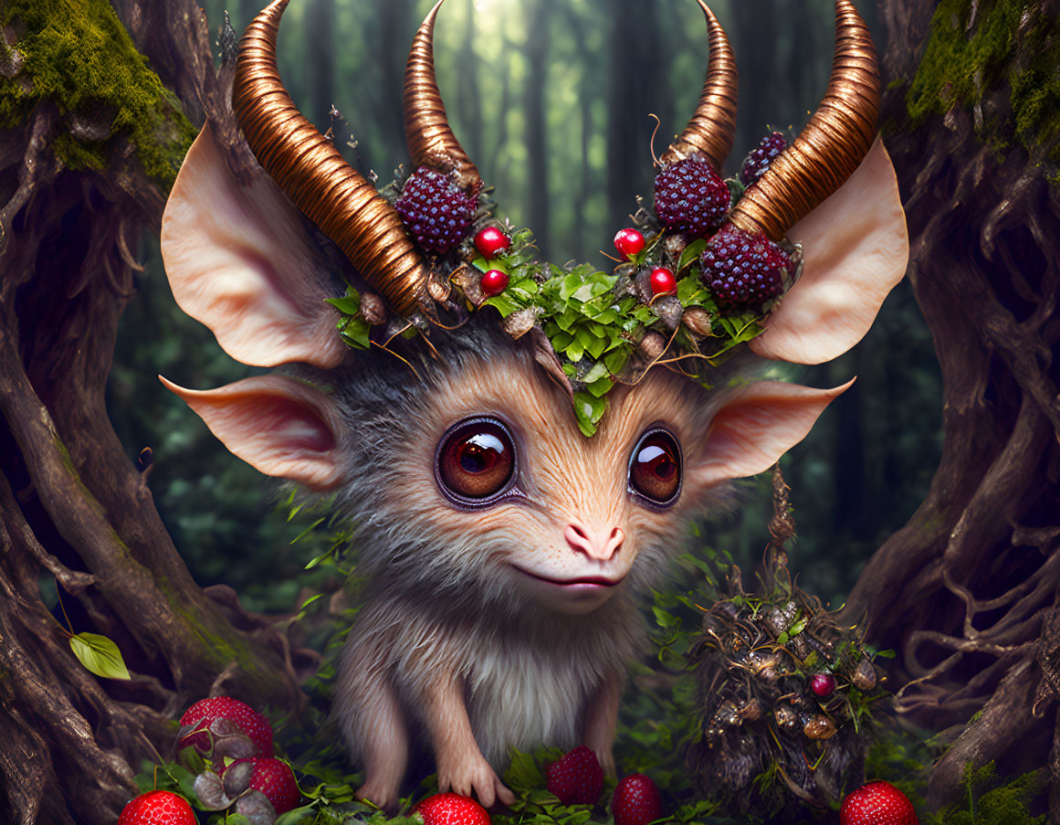 Fantastical creature with large ears and horns in enchanted forest