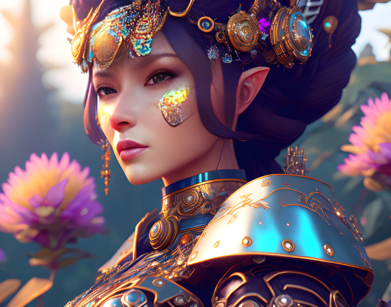 Fantasy character in blue armor surrounded by flowers