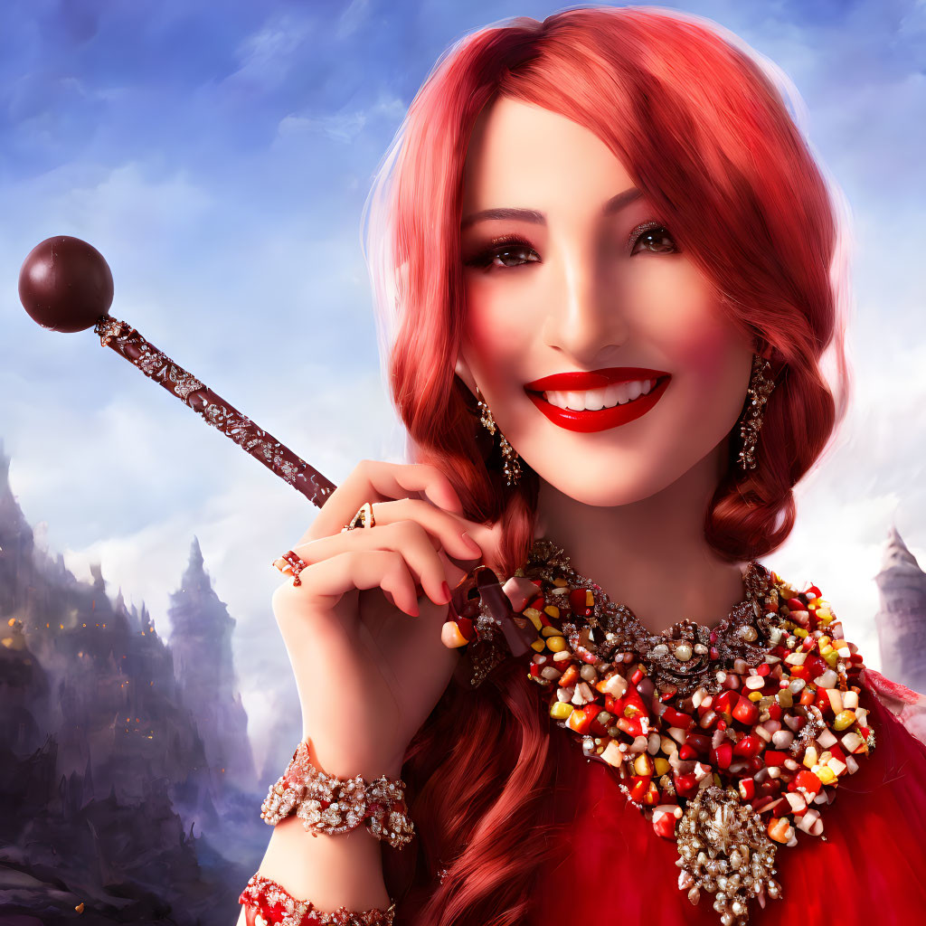 Red-Haired Woman Holding Jeweled Scepter in Mountain Scene