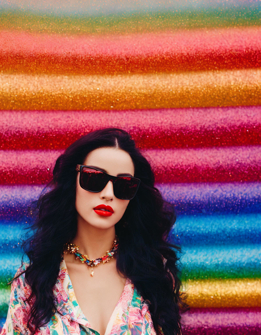 Woman in Red Lipstick and Sunglasses on Glittery Background with Floral Outfit