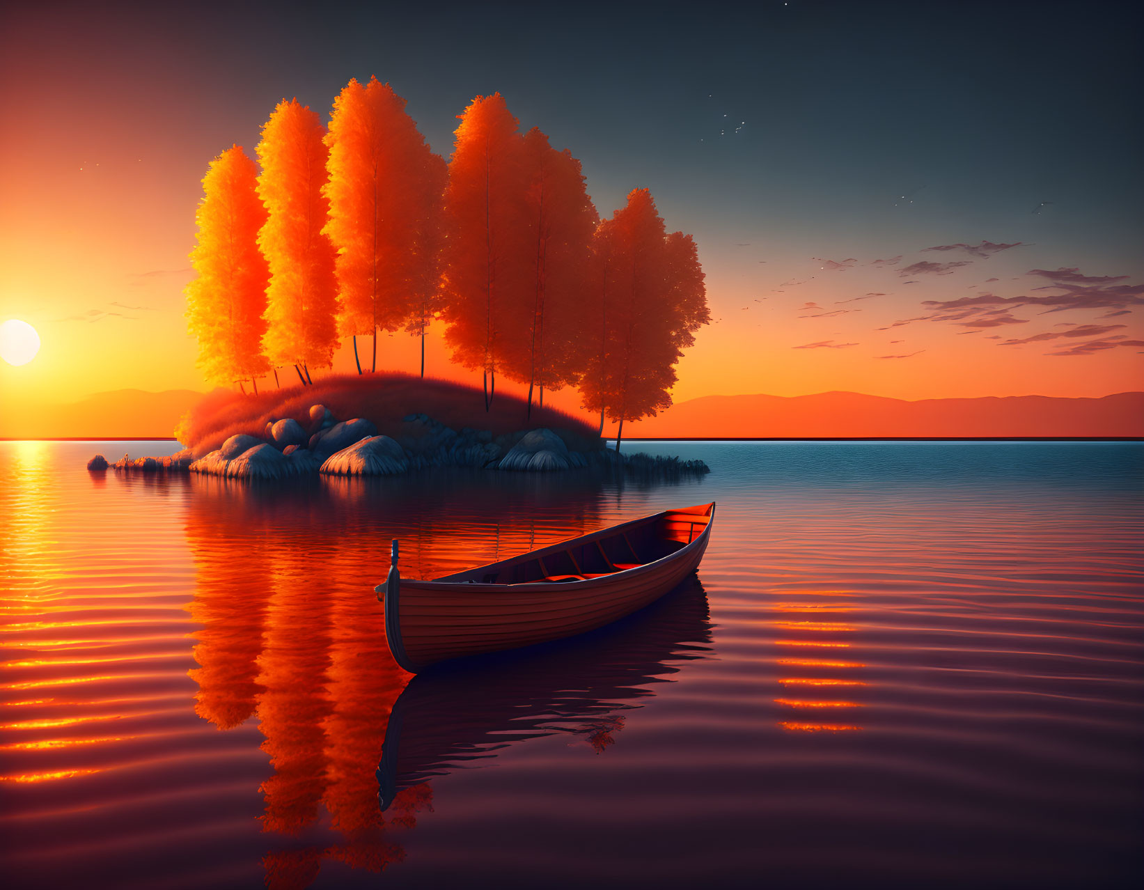 Tranquil sunset canoe scene near vibrant orange trees