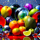 Colorful fruits and glassware on blue background with silver balls
