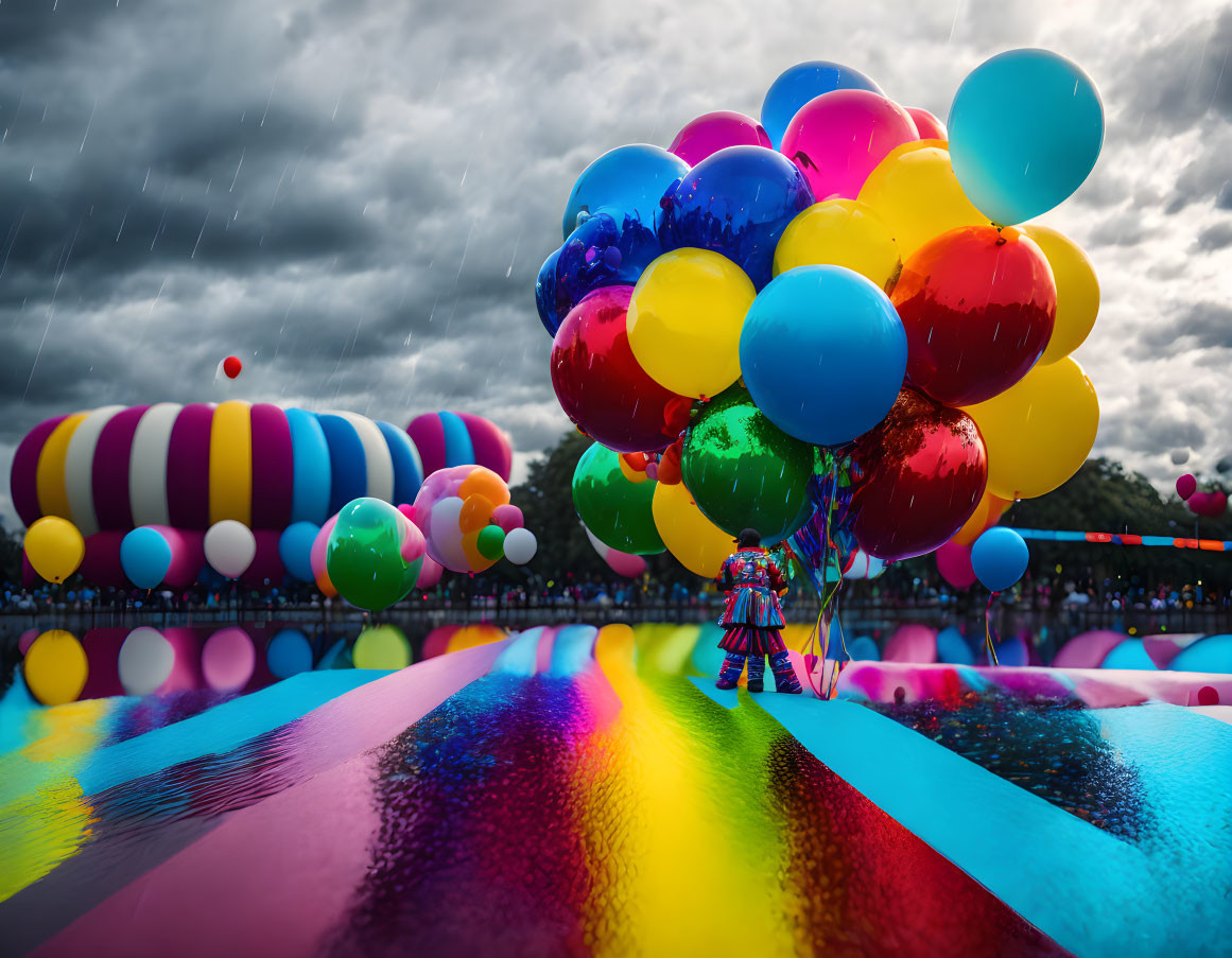 Colorful Outfit Person with Balloons in Vibrant Rainy Scene