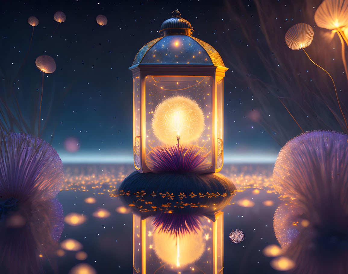 Illuminated lantern with glowing bulb in mystical field